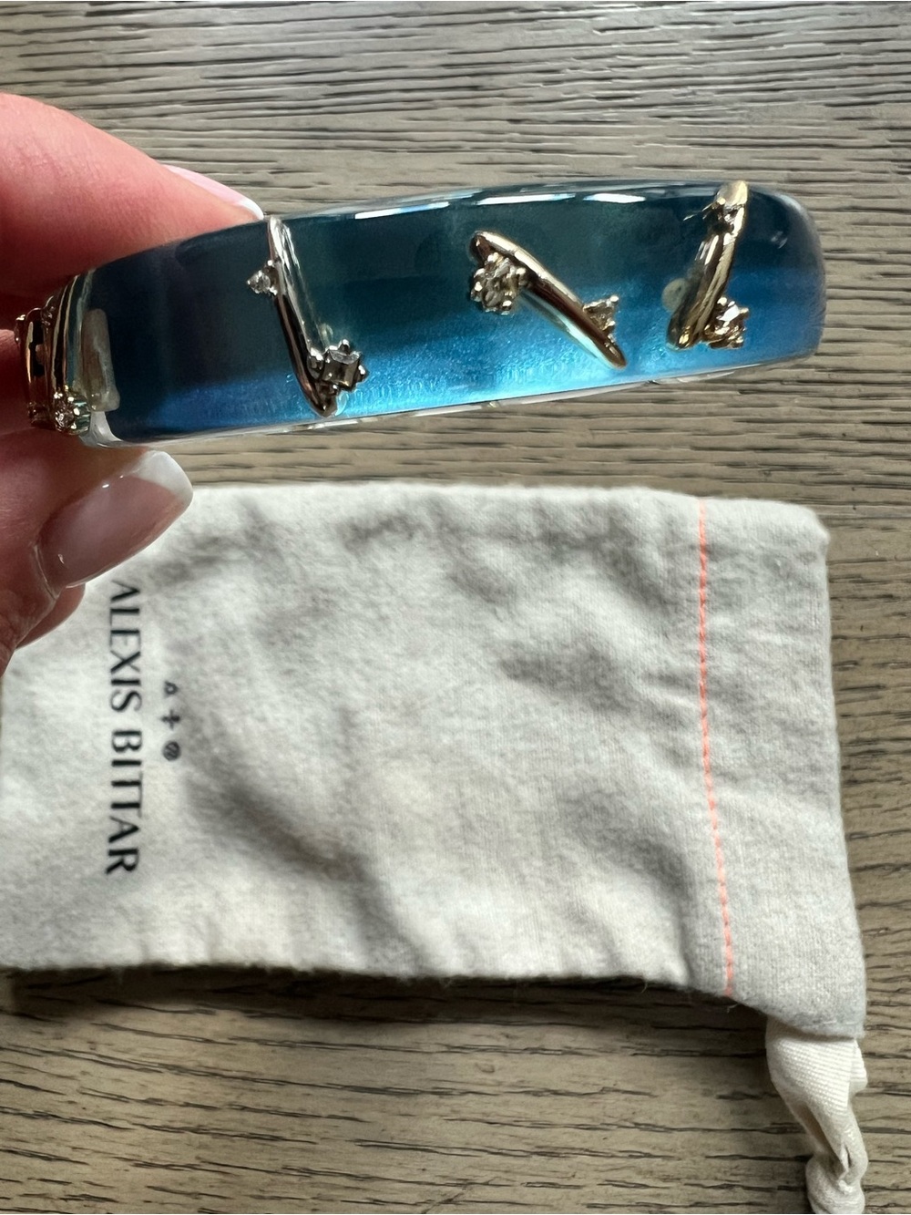 Alexis Bittar Translucent Teal Resin Bangle with Gold Accents